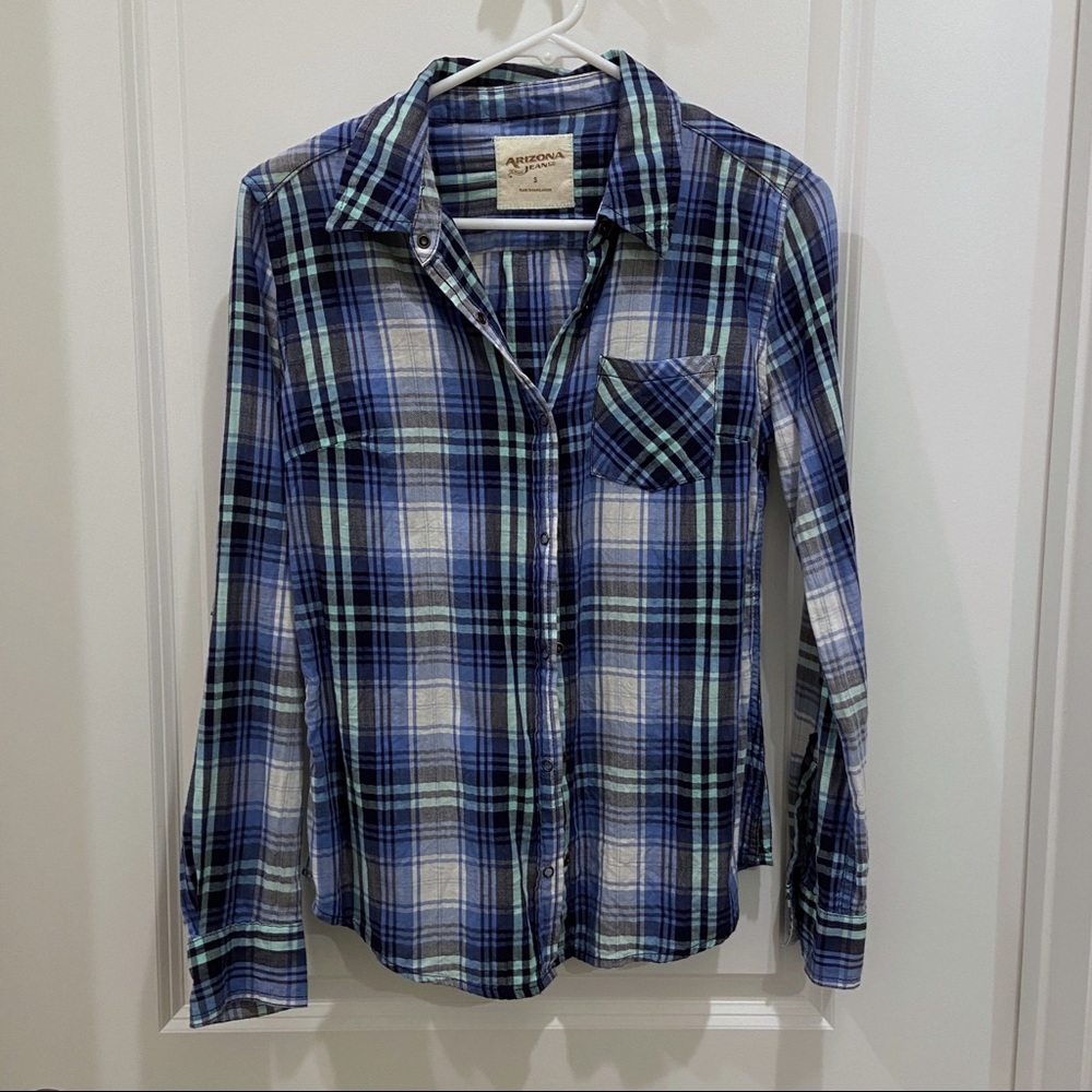 Arizona Blue and Mint Plaid Button Down Long Sleeve Shirt Size S